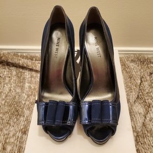Nine West Loreteo Navy Suede Peep Toe Bow Heels